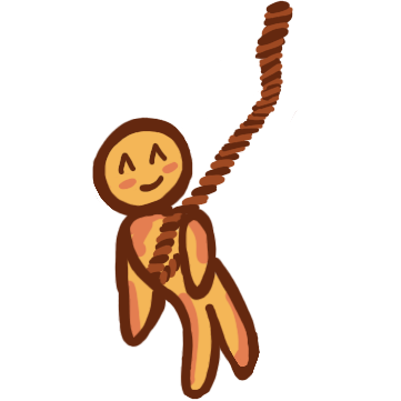 a yellow figure hanging in the air with a rope around their chest