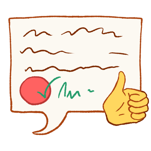 A drawing of a large rectangular speech bubble containing several scribbles and a pink circle with a checkmark on it. There's a yellow thumbs up over the bottom right corner of the speech bubble.