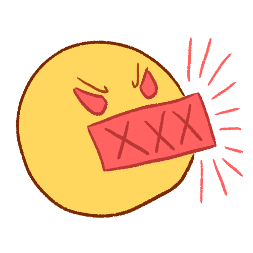  A drawing of an emoji yellow person swearing. There is a pink censor box over their mouth with the letters XXX on it, pink emphasis lines around them, and they have an angry expression.