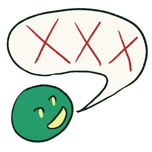 An emoji of a person swearing. They are coloured green and are below a large speech bubble which contains the letters XXX. They are smiling.