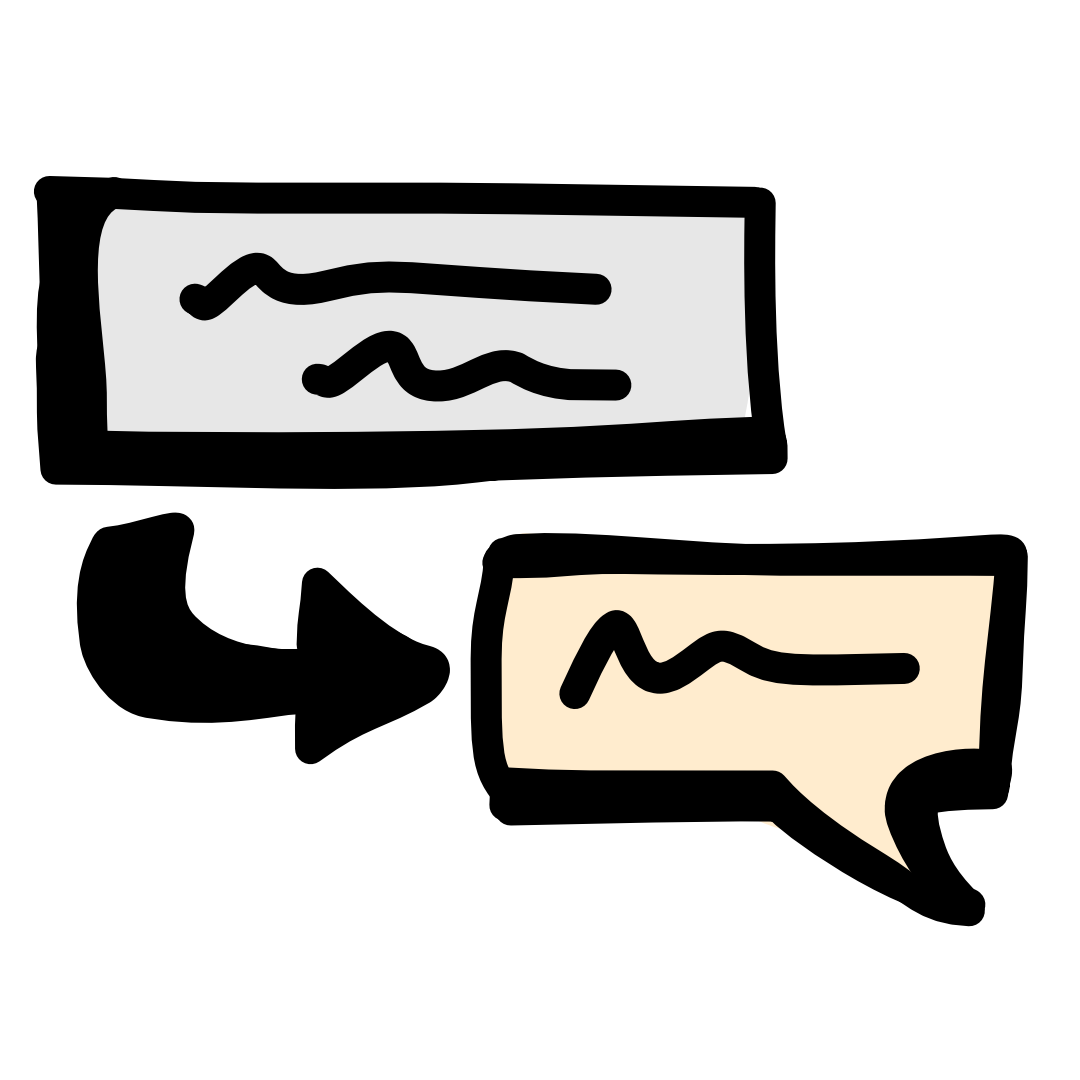 there is a rectangle with squiggles in it, with a curved arrow comes from it and points to a word bubble.