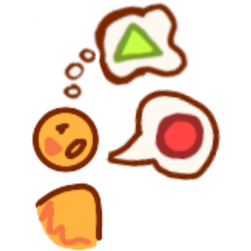 yellow figure with a word bubble and a thought bubble, in the thought bubble is a green triangle, the word bubble a red circle