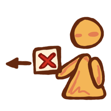 a yellow figure holding out a box with a red X on it, an arrow pointing away from the box sits next to it