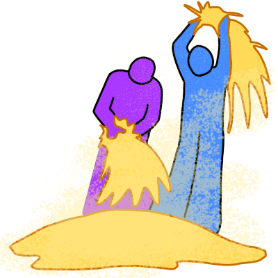 a purple figure and a blue figure threshing grain