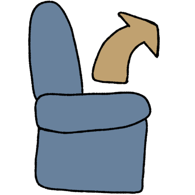 A blue armchair with an arrow pointing up, and slightly forwards, from it.