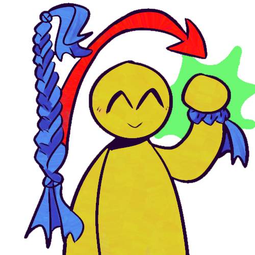  A drawing of a braid made of blue fabric or string next to a smiling yellow person holding their wrist up, wearing the braid as a bracelet. An arrow goes from the braid to the person’s wrist with the bracelet. There is a light green starburst shape behind their wrist.