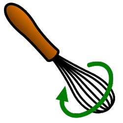 A whisk, with a green arrow curving in a circle around it.