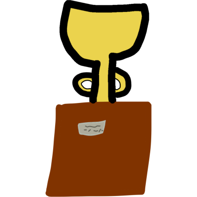 a yellow trophy on a brown stand with a silver plaque on it.