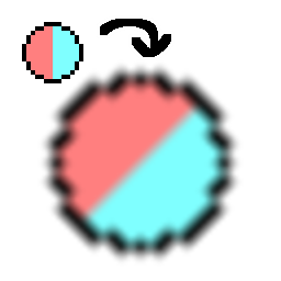 a pale half red half cyan pixel circle with a black arrow pointing to the same circle in the middle of the symbol but three times bigger and rotated 45 degrees using the bilinear interpolation method