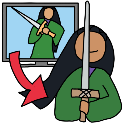 a tv screen displays a person with a green dress and long black hair holding a sword. a red arrow goes from the tv screen to a person in front of it, who is wearing a green dress, holding a handmade replica sword, and wears a flowy black hijab. the person in the costume is smiling.