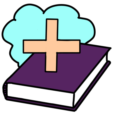 a book with a purple cover and a light blue cloud behind it. In front of it is a orange plus sign.