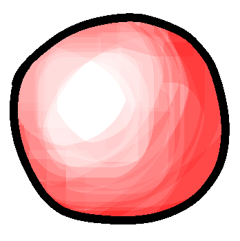 a pale red circle shaded to be darker red in the bottom right and with a white highlight in the top left using a sharp, painterly style