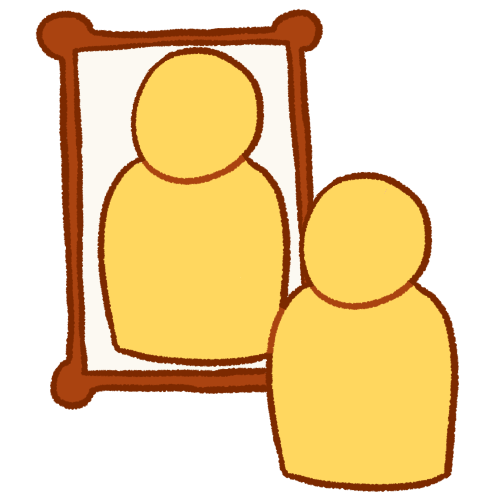  a drawing of a plain yellow person standing in front of a large frame, which contains a portrait of the person