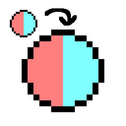 a pale half red half cyan pixel circle with a black arrow pointing to the same circle in the middle of the symbol but three times bigger