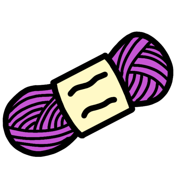 a drawing of a pinkish purple ball of yarn with a very light yellow label.