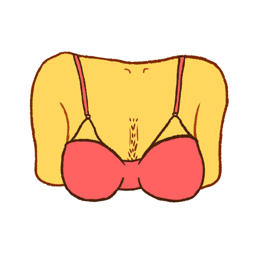 an emoji yellow chest with breasts wearing a pink bra, with a small amount of dark brown hair between the breasts.