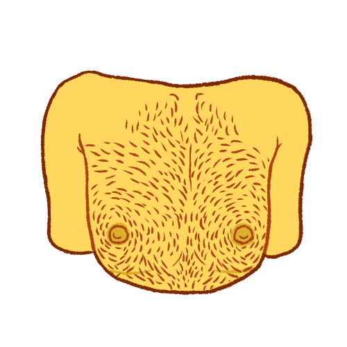 an emoji yellow chest without breasts. it has lots of light brown chest hair and top surgery scars.