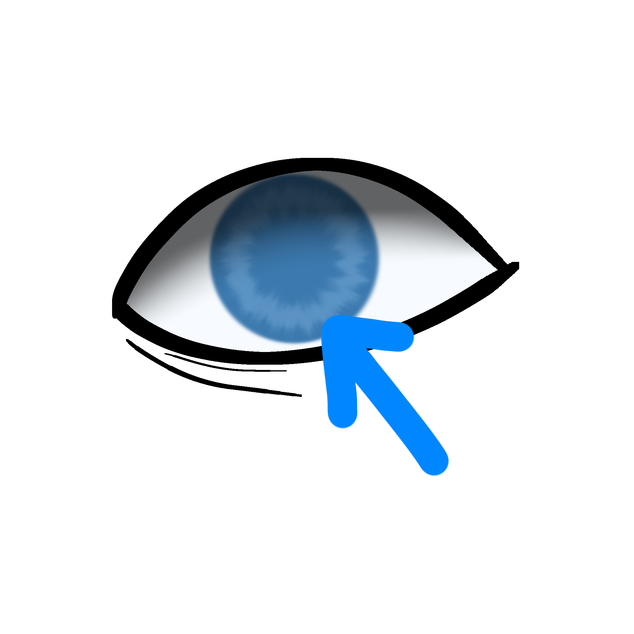 a stylized drawing of an eyeball with no pupil with a blue arrow pointing to the iris