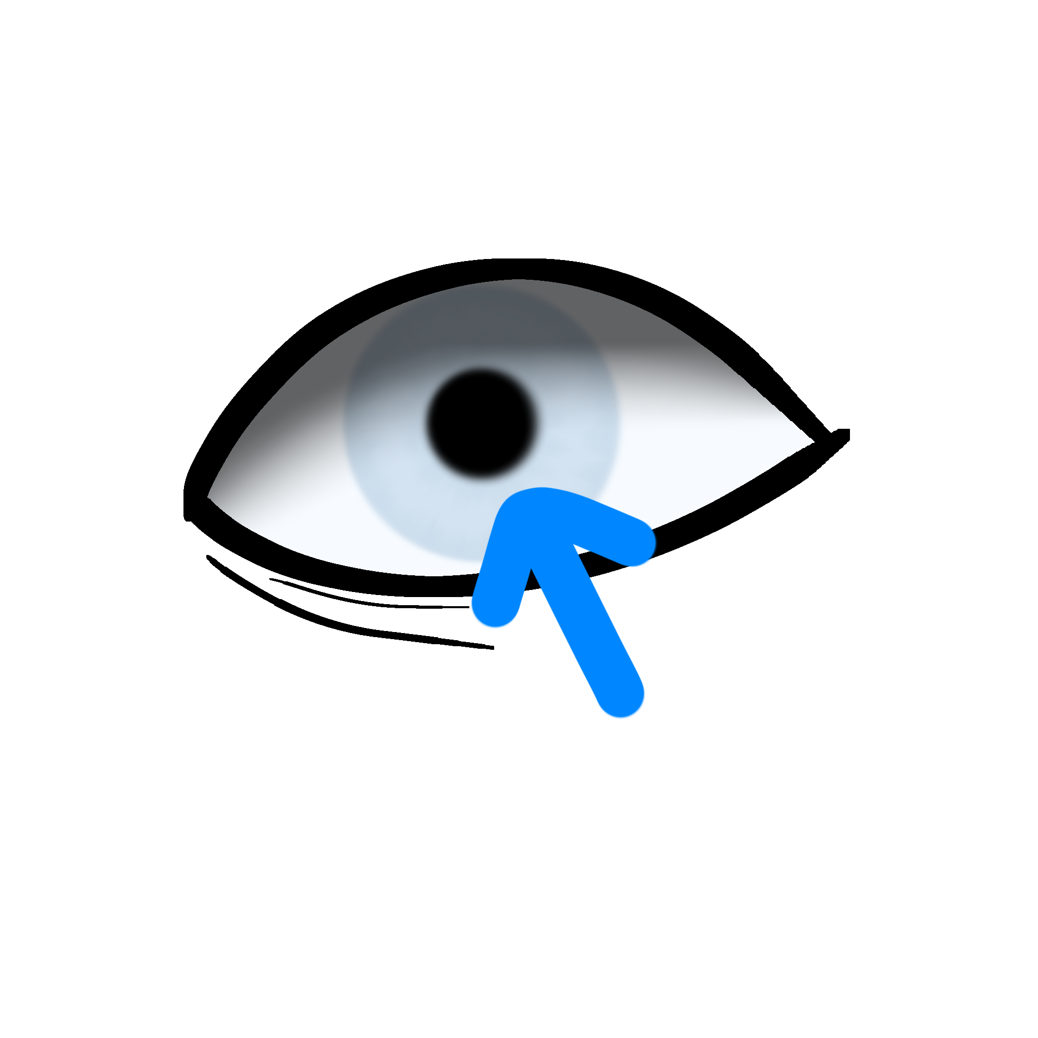 a stylized drawing of an eyeball with the iris barely visible with a blue arrow pointing to the pupil