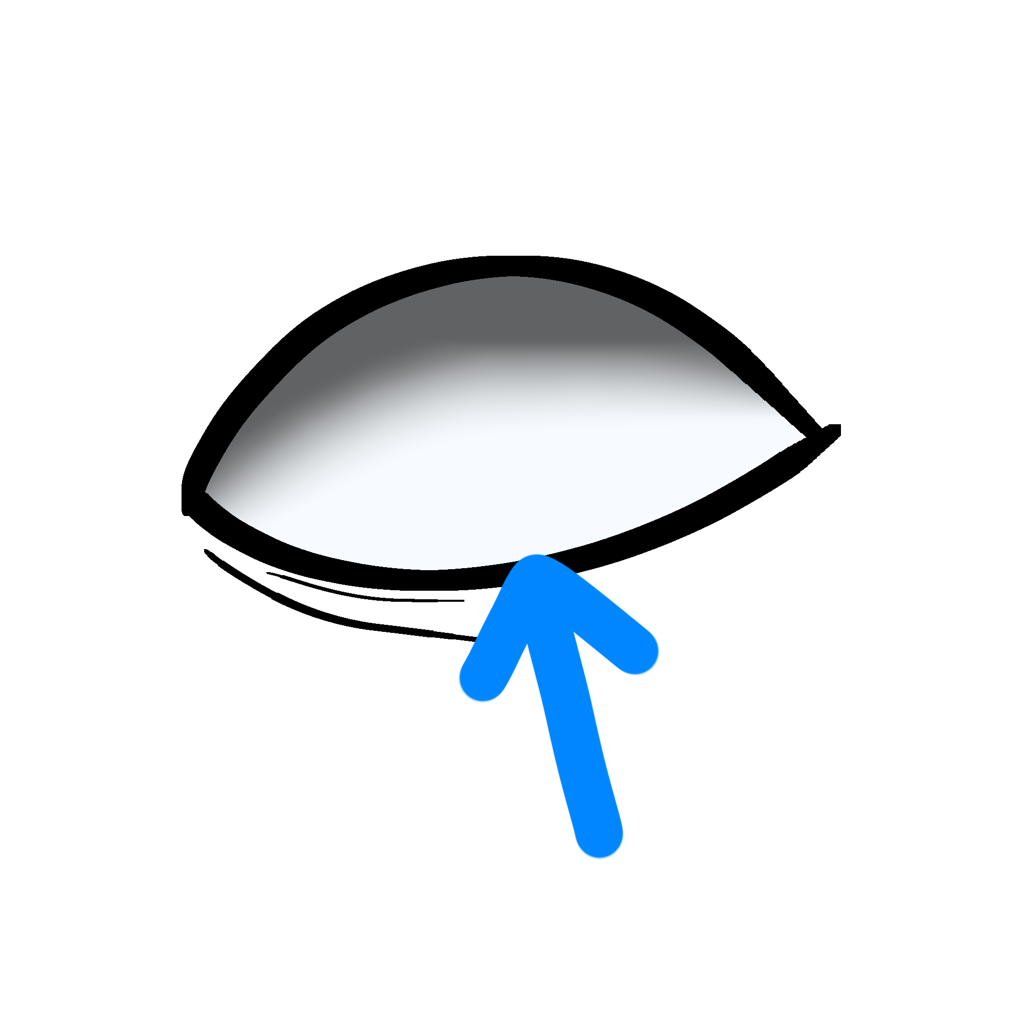  a stylized drawing of an eyeball with no iris or pupil with a blue arrow pointing to the sclera