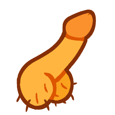 an emoji yellow penis with darker colored foreskin and black hair and brown lineart.