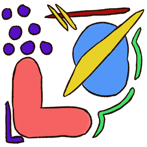 A drawing of several abstract shapes and colours. There are purple dots, green lines, a pink L, blue circle, red line, and three yellow lines.