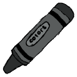A crayon-drawing style image of a black crayon. It has the word 'colors' in an oval on the paper wrapped around it.