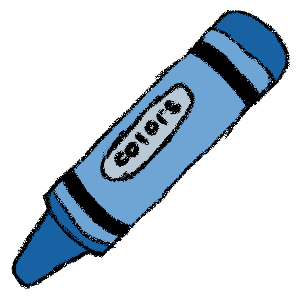 A crayon-drawing style image of a blue crayon. It has the word 'colors' in an oval on the paper wrapped around it.