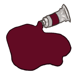 a digitally drawn image of a large pool of paint spilling out of a silver paint tube. the paint is burgundy.