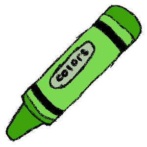 A crayon-drawing style image of a green crayon. It has the word 'colors' in an oval on the paper wrapped around it.