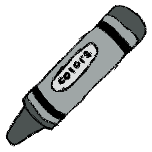 A crayon-drawing style image of a grey crayon. It has the word 'colors' in an oval on the paper wrapped around it.