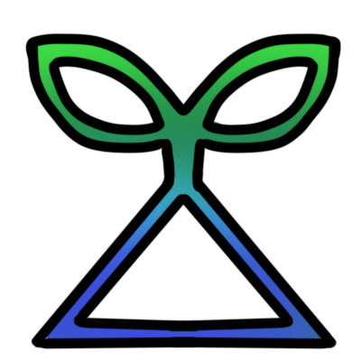 the sitelen pona glyph for 'laso,' a triangle with a sprout shape coming out of it, colored in a gradient of greens and blues.