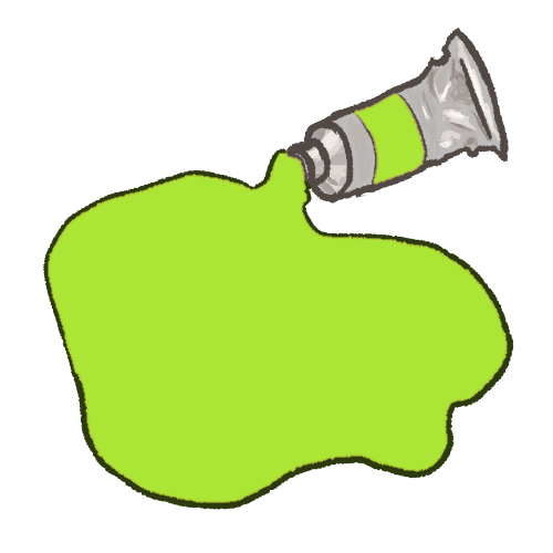 a digitally drawn image of a large pool of paint spilling out of a silver paint tube. the paint is lime.
