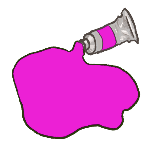 a digitally drawn image of a large pool of paint spilling out of a silver paint tube. the paint is magenta.