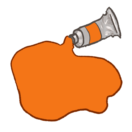 a digitally drawn image of a large pool of paint spilling out of a silver paint tube. the paint is orange.