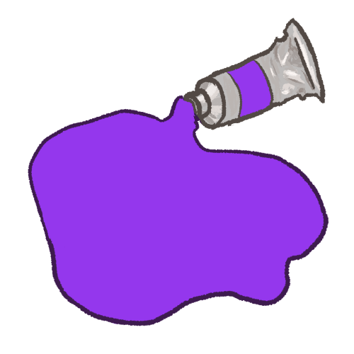 a digitally drawn image of a large pool of paint spilling out of a silver paint tube. the paint is purple.