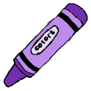 A crayon-drawing style image of a purple crayon. It has the word 'colors' in an oval on the paper wrapped around it.