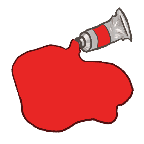 a digitally drawn image of a large pool of paint spilling out of a silver paint tube. the paint is red.