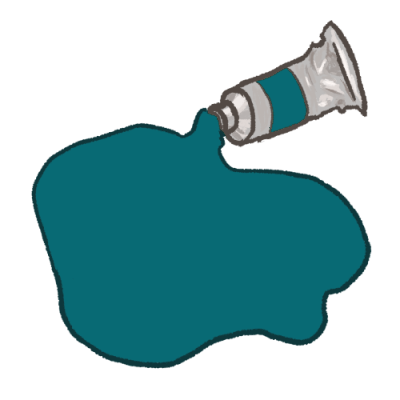 a digitally drawn image of a large pool of paint spilling out of a silver paint tube. the paint is teal.