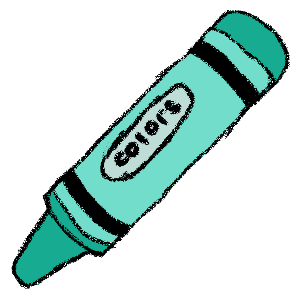 A crayon-drawing style image of a teal crayon. It has the word 'colors' in an oval on the paper wrapped around it.