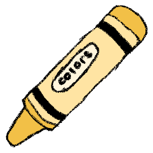 A crayon-drawing style image of a yellow crayon. It has the word 'colors' in an oval on the paper wrapped around it.