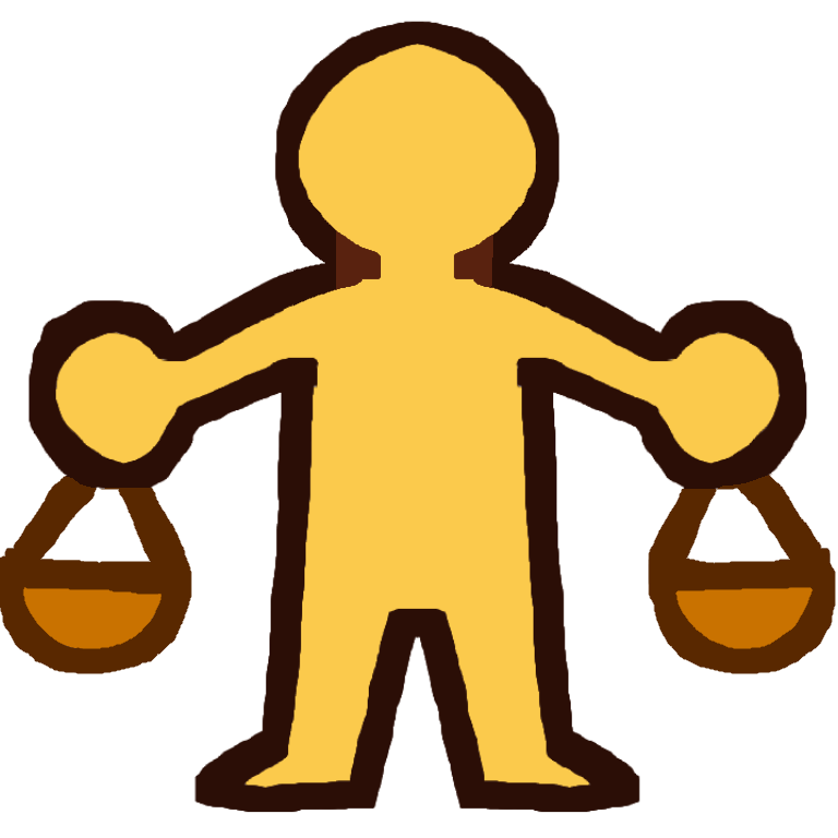 an emoji yelllow figure holding one half of the scales of justice in each hand.