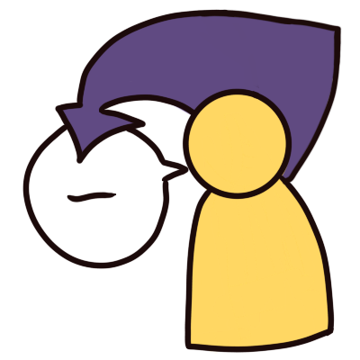  simple yellow figure with speech bubble. Purple arrow goes from their head and above their head behind them to speech bubble. Speech bubble has line in it.