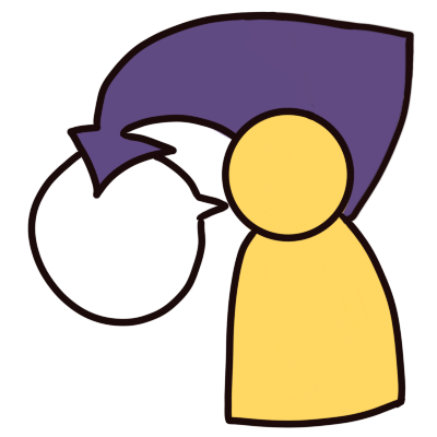  simple yellow figure with speech bubble. Purple arrow goes from their head and above their head behind them to speech bubble.