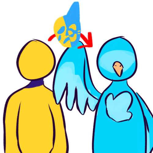 A yellow, featureless human and a blue, featureless anthropomorphic bird standing side by side. The bird has their right wing lifted up. A symbol reminiscent of a theatre mask is between them, with a yellow, sad human face on the left side, and a blue, happy animal face on the right side. An arrow goes from the human, through the mask, and to the bird.