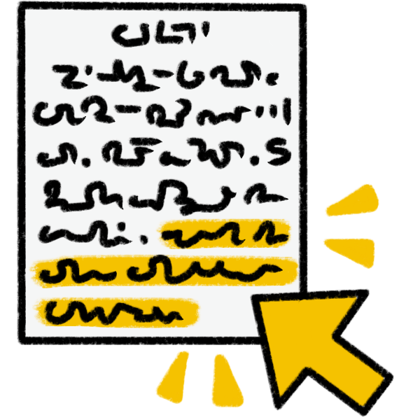 a page with scribbles written on it like text. The last sentence on the page is highlighted in yellow, and a yellow arrow with emphasis marks is pointing at it.