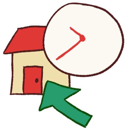 a drawing of a house, a clock, and an arrow. the house has a red roof and red door, and the arrow is green and pointing towards the house. the clock is large and shows the time as being past 10pm.