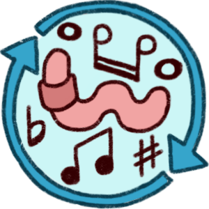 two blue arrows circling each other on a light blue circle, which has a worm on it surrounded by musical notes.