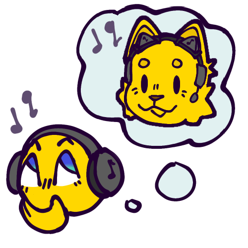 A drawing of a yellow emoji face wearing over-the-ear headphones thinking about a  yellow cat face wearing special headphones designed for its ears.