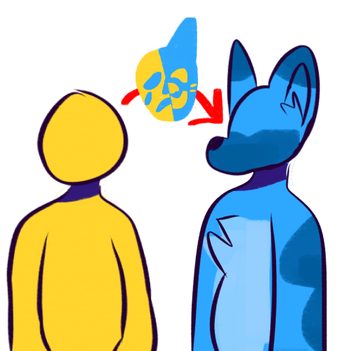 A drawing showing a featureless yellow human and a featureless blue anthropomorphic canine side by side. A symbol reminiscent of a theatre mask is between them, with a yellow human-like sad face on the left side and an animal-like happy face on the right . An arrow goes from the human, through the mask, and to the anthro character.